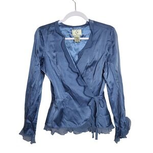 Slate Blue 100% Silk Wrap Peplum Blouse M Ruffled Mermaidcore Coquette Romantic